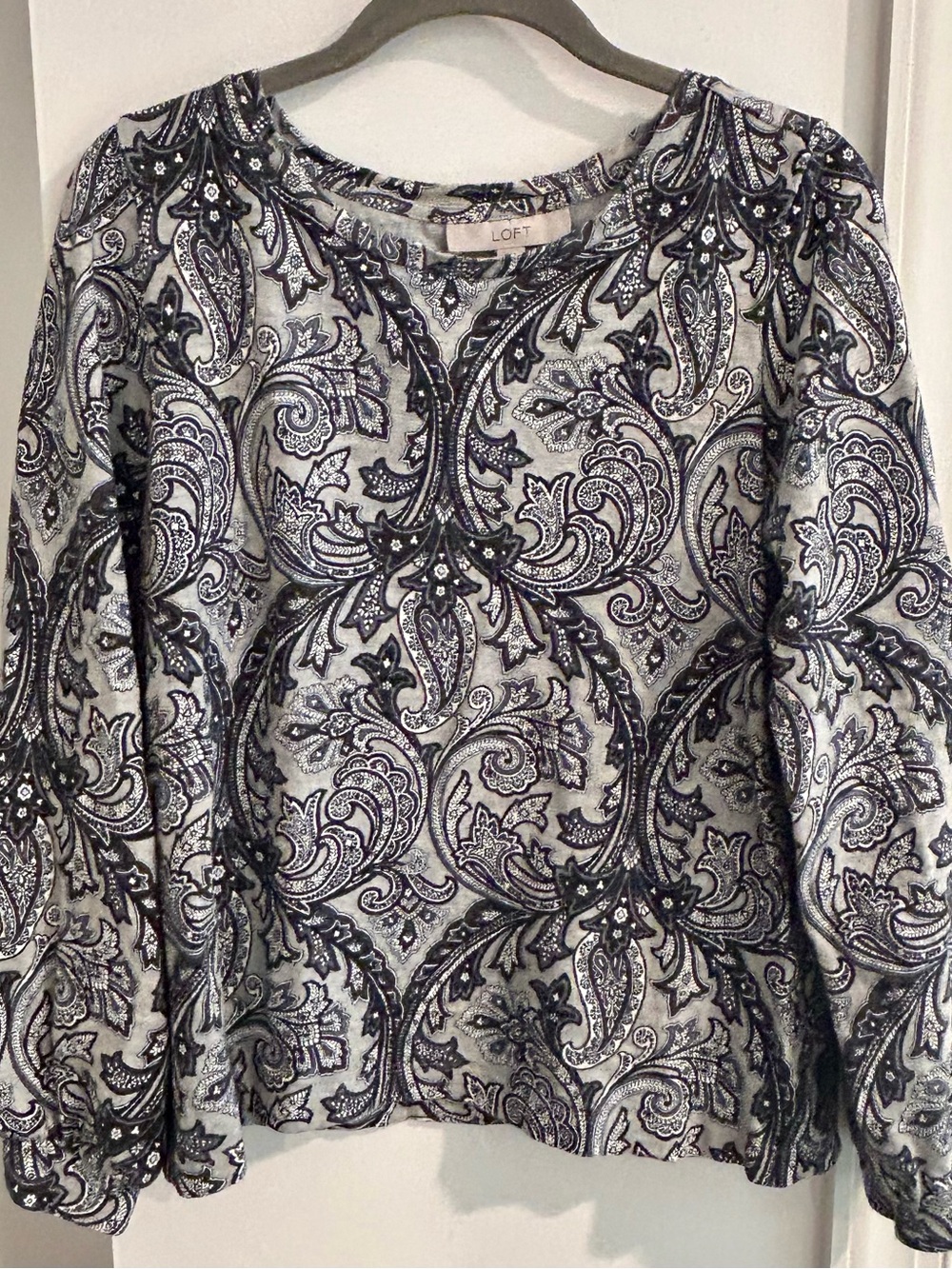 LOFT Black & White Paisley Long Sleeve Top 100% Cotton
